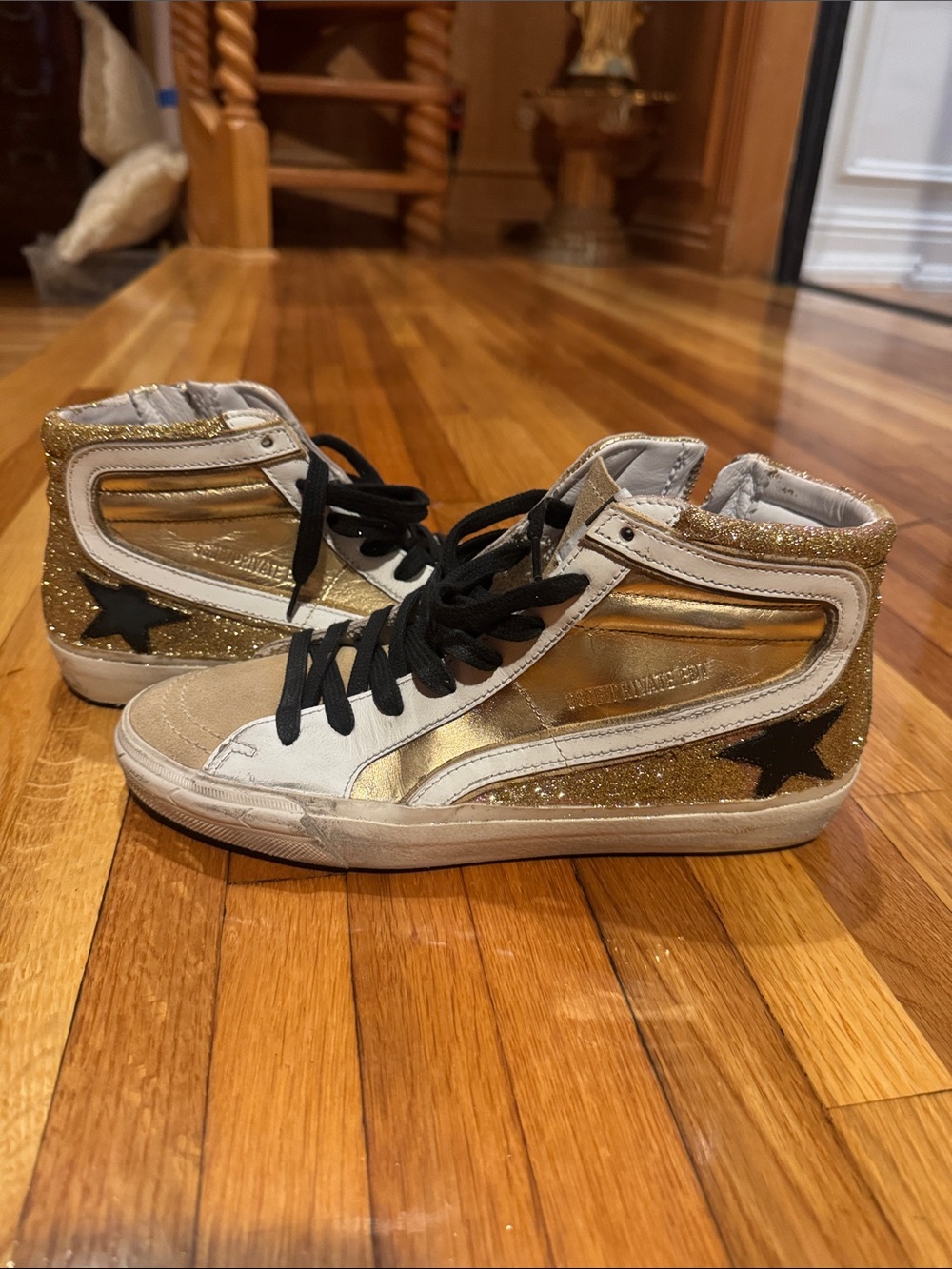 Golden Goose High-Top Sneakers in Gold, White, Black